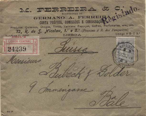 23Lis_0134.jpg -     Lote:    134            Portugal       Descrição:         1917/20 &mdash; Ceres. Novas taxas e cores. Sobrescrito circulado registado de Lisboa (29.12.20) para a Suíça (02.01.21) com selo de 13 &frac12; c azul cinzento, denteado 12 x 11 &frac12;, CE231. MB.        Carta       Valor Base:     &euro; 20,00     Valor Venda:     Retirado     