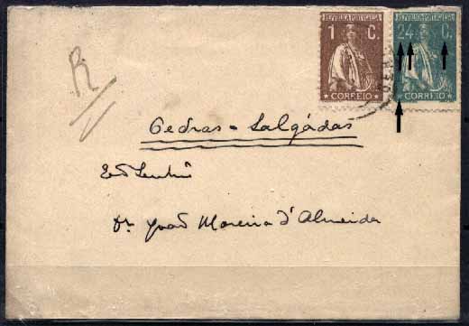 23Lis_0135.jpg -     Lote:    135            Portugal       Descrição:         1920/22 &mdash; Tipo Ceres. Sobrescrito circulado do Gerez para Pedras salgadas com selo de 24 ctvs verde azul, papel liso, denteado 12x11 &frac12;, variedade de cliché não catalogada CE241 e selo de 1 ctv castanho, papel liso, denteado 12x11 &frac12;. MB e R.        Carta       Valor Base:     &euro; 7,00     Valor Venda:     Retirado     