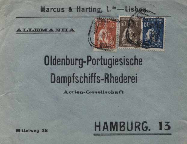 23Lis_0137.jpg -     Lote:    137            Portugal       Descrição:         1912/20 &mdash; Ceres. Sobrescrito circulado de Lisboa (09.05.23) para Hamburgo, com selos de 10c laranja CE215, + selo de 30c castanho CE242, e selo de 60c azul CE245.        Carta       Valor Base:     &euro; 10,00     Valor Venda:     Retirado     