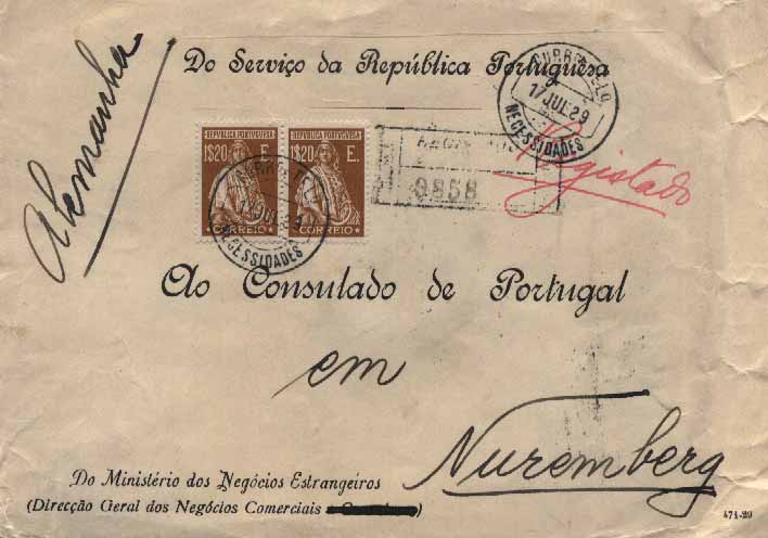 23Lis_0140.jpg -     Lote:    140            Portugal       Descrição:         1926 &mdash; Ceres. Emissão Londres. Sobrescrito circulado registado de Lisboa (17.07.29) para Nuremberga (21.07.29) com par de selos de 1$20, bistre amarelo, CE413. Carimbo circular datado, batido a preto de "NECESSIDADES". MB.        Carta       Valor Base:     &euro; 30,00     Valor Venda:     Retirado     