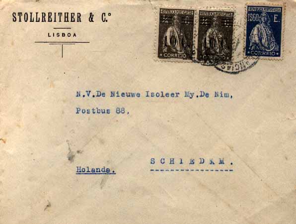 23Lis_0141.jpg -     Lote:    141            Portugal       Descrição:         1924/29 &mdash; Ceres + Ceres, com sobretaxa. Sobrescrito circulado de Lisboa (218.12.29) para a Holanda, com selos de 1$60 azul CE353 e 2 x 10c s/ &frac14; c, CE453. Porte de 1$80, correspondente a: 1$60 ao 1.º porte ordinário + 20c pela TAXA DA ÚLTIMA HORA. Carimbo batido a preto de "AMBULÂNCIAS / LISBOA-GARE".        Carta       Valor Base:     &euro; 20,00     Valor Venda:     Retirado     