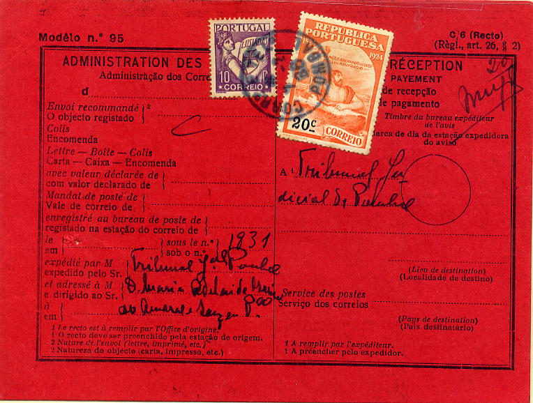 23Lis_0142.jpg -     Lote:    142            Portugal       Descrição:         1936 &mdash; Lusíadas + 4.º Centenário do Nascimento de Luís de Camões. Aviso de recepção Mod. 6C, circulado em Pombal (07.02.1936) com selos de 20c CE308 e 10c CE516. Selo de Camões usado como selo de recurso a partir de 1934.        AR       Valor Base:     &euro; 10,00     Valor Venda:     &euro; 10,00     