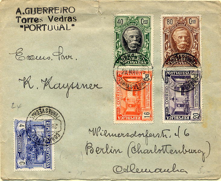 23Lis_0143.jpg -     Lote:    143            Portugal       Descrição:         1925 &mdash; Centenário do Nascimento de Camilo Castelo Branco. Sobrescrito circulado de Torres Vedras (28.03.1925 &mdash; último dia de circulação) para Berlim / Alemanha, com selos de 4c, 16c, 20c, 40c e 80c CE332, 338, 339, 343 e 348, perfazendo o porte de 1$60 (1.º porte para o estrangeiro). MB e MR.        Carta       Valor Base:     &euro; 250,00     Valor Venda:     &euro; 250,00     