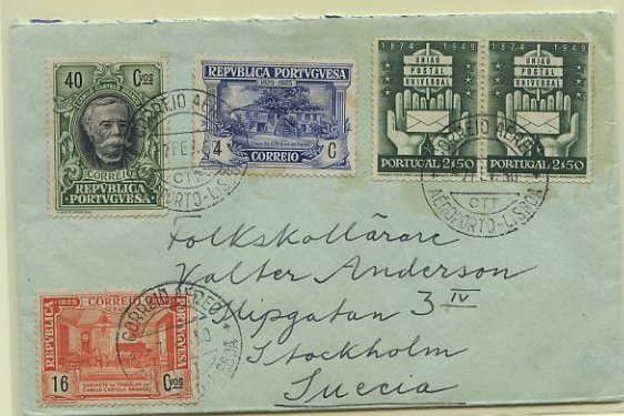 23Lis_0144.jpg -     Lote:    144            Portugal       Descrição:         1925/49 &mdash; Centenário de Camilo Castelo Branco + 75.º Aniversário da UPU. Sobrescrito circulado por via aérea de Lisboa (17.02.50) para a Suécia, com selos de 4C, 16C e 40C de Camilo Castelo Branco CE332, 338 e 343 + par de 2$50 CE717. Selos de Camilo circulados quando já estavam fora de circulação.        Carta       Valor Base:     &euro; 20,00     Valor Venda:     &euro; 20,00     
