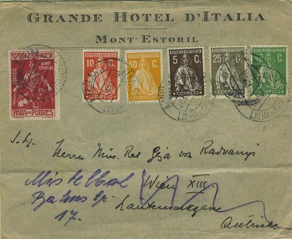 23Lis_0146.jpg -     Lote:    146            Portugal       Descrição:         1930 &mdash; Ceres + Imposto Postal "Para os Pobres" sobrescrito circulado pela ambulância ferroviária LINHA DE CASCAIS (20.08.30) para a Áustria, com selos Ceres de 5, 10, 25, 40 e 50C, CE 496, 401, 500, 503 e 408 respectivamente + selos de imposto postal de 15C CE IPT10. MB        Carta       Valor Base:     &euro; 25,00     Valor Venda:     &euro; 32,00     