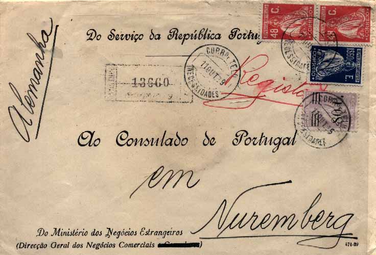 23Lis_0148.jpg -     Lote:    148            Portugal       Descrição:         1924/29 &mdash; Ceres. Sobrescrito circulado registado de Lisboa (11.10.29) para Nuremberga (15.10.29) com 2 selos de 48c carmim CE284, 1$60 azul CE291 e 80c s/ 1$50 lilás CE483. Total de porte de 3$36 correspondente a: 1$60 pelo 1.º porte + 96c pelo 2.º porte + 80c pelo registo. MB. Carimbo circular datado de NECESSIDADES.        Carta       Valor Base:     &euro; 30,00     Valor Venda:     &euro; 30,00     