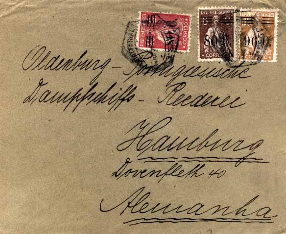 23Lis_0151.jpg -     Lote:    151            Portugal       Descrição:         1928/29 &mdash; Ceres, com sobretaxa. Sobrescrito circulado do Porto (24.12.29) para Hamburgo, com selos de: 80c s/ 48c carmim CE479, 80c s/ 6c castanho, CE478 e 96c s/ 1$20 bistre CE484. Porte de 2$56 correspondente a: 1$60 pelo 1.º porte ordinário e $96 pelo 2.º porte. MB.        Carta       Valor Base:     &euro; 25,00     Valor Venda:     Retirado     