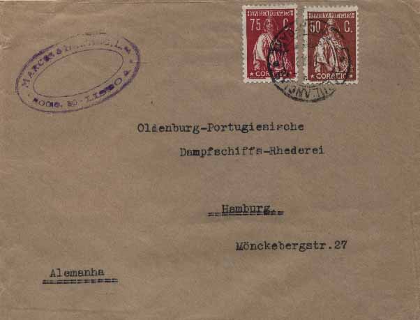23Lis_0153.jpg -     Lote:    153            Portugal       Descrição:         1930 &mdash; Ceres, gravura retocada. Sobrescrito circulado de Lisboa (16.04.31) para a Alemanha, com selos de 50c bistre CE504 + 75c carmim CE505. MB. Marca batida a preto de "AMBULÂNCIAS / AVENIDA-GARE"        Carta       Valor Base:     &euro; 10,00     Valor Venda:     &euro; 20,00     
