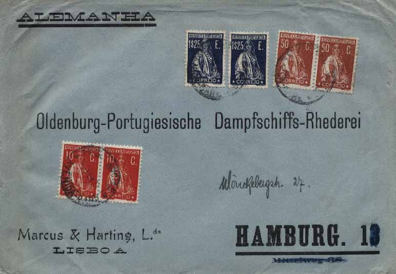 23Lis_0154.jpg -     Lote:    154            Portugal       Descrição:         1930 &mdash; Ceres. Gravura retocada. Sobrescrito circulado de Lisboa (??.02.31) para Hamburgo, com 2 x 1$25 azul CE510, 2 x 50c bistre CE504 e 2 x 10c vermelhão. Porte de 3$70 correspondente a: 1$25 pelo 1.º porte + 2$25 pelos 2.º, 3.º e 4.º portes + 20c pela TAXA DA ÚLTIMA HORA. Marca batida a preto "AMBULÂNCIAS / AVENIDA-GARE.        Carta       Valor Base:     &euro; 25,00     Valor Venda:     Retirado     