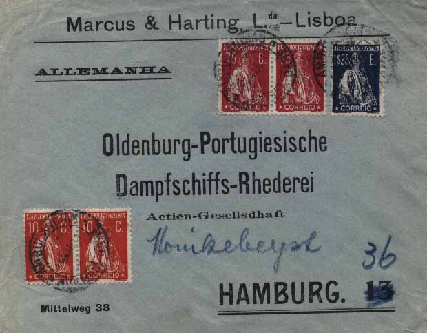 23Lis_0155.jpg -     Lote:    155            Portugal       Descrição:         1930 &mdash; Ceres. Gravura retocada. Sobrescrito circulado de Lisboa (14.03.31) para a Alemanha com o porte de 2$95 (2 x 10c vermelhão, 2 x 75c carmim e 1$25 azul CE498, 506 e 510), correspondente a: 1$25 pelo 1.º porte + 1$50 pelos 2.º e 3.º portes + $20 pela TAXA DA ÚLTIMA HORA. Carimbo batido a preto "AMBULÂNCIA / AVENIDA &mdash; GARE". B.        Carta       Valor Base:     &euro; 25,00     Valor Venda:     Retirado     