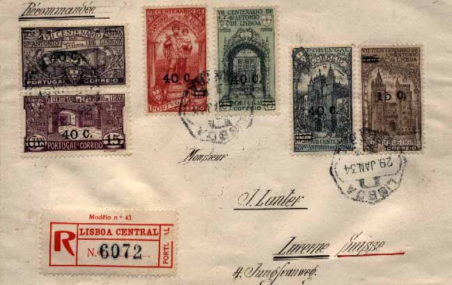 23Lis_0159.jpg -     Lote:    159            Portugal       Descrição:         1933 &mdash; S. António, com sobretaxa. Sobrescrito circulado registado de Lisboa (29.01.34) para a Suíça (31.01.34), com a série completa. MB.        Carta       Valor Base:     &euro; 15,00     Valor Venda:     &euro; 30,00     
