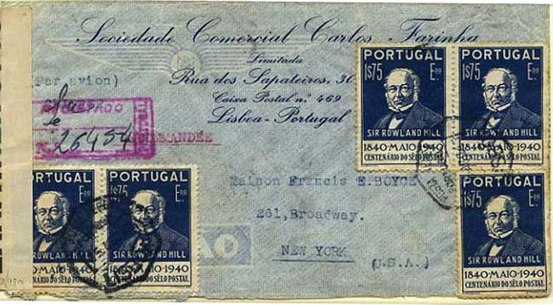 23Lis_0161.jpg -     Lote:    161            Portugal       Descrição:         1940 &mdash; 1.º Centenário do Selo Postal. Sobrescrito circulado registado por via aérea de Lisboa (25.08.41) para Nova York (02.09.41) com 5 selos de 1$75 azul escuro, CE606 + 2 selos emissão Centenários, de 1$00 vermelho (no verso) CE597. MB        Carta       Valor Base:     &euro; 10,00     Valor Venda:     Retirado     