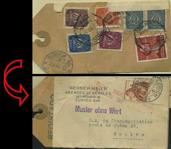 23Lis_0164.jpg -     Lote:    164            Portugal       Descrição:         1943/49 &mdash; Caravela + Avis. Etiqueta de encomenda postal circulada registada por via aérea de Lisboa (19.07.49) para a Suiça (22.07.49), com selos de $30, $50, 2$00, 5$00 e 10$00 (2) CE621, 623, 626, 629 e 630 + selo de 1$00 CE709. Pagou na Suiça 20c, provavelmente pela distribuição domiciliária.        Carta       Valor Base:     &euro; 15,00     Valor Venda:     &euro; 16,00     