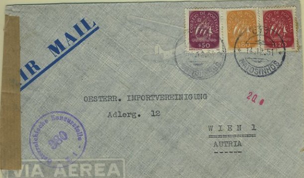 23Lis_0166.jpg -     Lote:    166            Portugal       Descrição:         1943 &mdash; Caravela. Sobrescrito circulado de Matosinhos (14.12.51) para Viena com selos de $50, 1$20 e 1$80, CE623, 698 e 700. Aberta para verificação aduaneira, provavelmente em Viena.        Carta       Valor Base:     &euro; 8,00     Valor Venda:     &euro; 8,00     