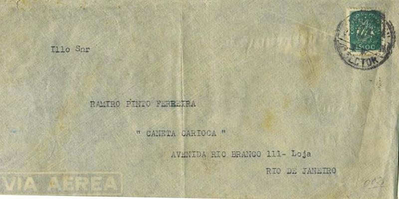 23Lis_0167.jpg -     Lote:    167            Portugal       Descrição:         1943 &mdash; Caravela. Sobrescrito circulado de Lisboa (27.06.47) para o Brasil com selo de 15$00 verde, CE631.        Carta       Valor Base:     &euro; 10,00     Valor Venda:     Retirado     