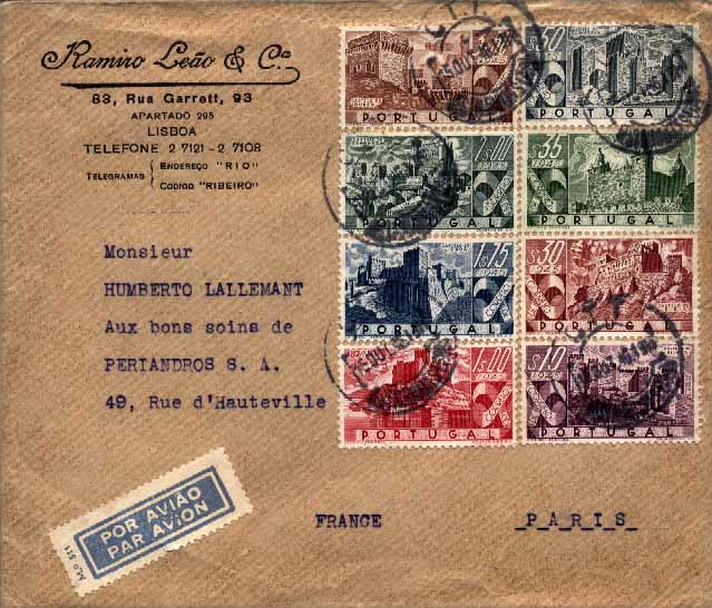 23Lis_0168.jpg -     Lote:    168            Portugal       Descrição:         1946 &mdash; Castelos de Portugal. CE664/671. Sobrescrito circulado por via aérea, com a série completa, de Lisboa (05.12.46) para Paris. MB e R.        Carta       Valor Base:     &euro; 65,00     Valor Venda:     &euro; 100,00     