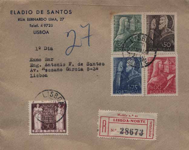 23Lis_0169.jpg -     Lote:    169            Portugal       Descrição:         1948 &mdash; 3.º Centenário do Nascimento de S. João de Brito + Exposição de Obras Públicas. CE691/694 e CE695. Sobrescrito circulado registado em Lisboa (28.05.48) com as duas séries completas. Primeiro dia de circulação das duas séries. Não catalogado em FDC.        Carta/FDC       Valor Base:     &euro; 12,00     Valor Venda:     &euro; 12,00     