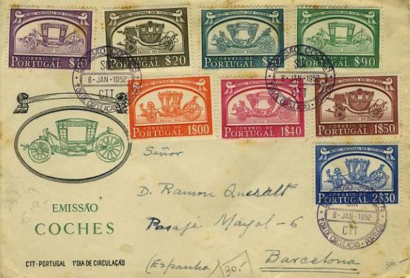 23Lis_0170.jpg -     Lote:    170            Portugal       Descrição:         1952 &mdash; Museu Nacional dos Coches. CE741/748. Sobrescrito de 1.º dia de circulação, remetido de Lisboa (08.01.52) para Barcelona, com a série completa.        Carta       Valor Base:     &euro; 20,00     Valor Venda:     Retirado     