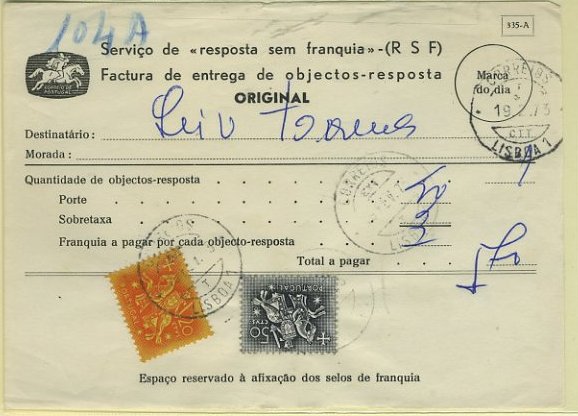 23Lis_0175.jpg -     Lote:    175            Portugal       Descrição:         1953 &mdash; Cavaleiro Medieval. "Serviço de Resposta sem Franquia". Factura de entrega de objectos-resposta: Porte $40 + Sobretaxa $30, pagos por meio de selos de 20c e 50c, CE765/766.        DOC       Valor Base:     &euro; 10,00     Valor Venda:     Retirado     