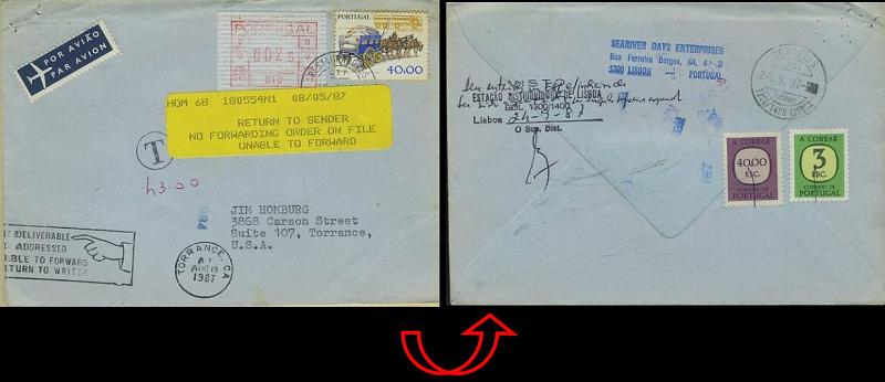 23Lis_0178.jpg -     Lote:    178            Portugal       Descrição:         1981 &mdash; Correios e Telecomunicações de Portugal. Máquina Frama. ETQ1. Sobrescrito remetido dos restauradores (15.07.1987) para os EUA (13.08.87) com selo de 40$00 CE1376 + etiqueta de 002.5 (máquina 010). Devolvido ao remetente, foi porteada por ter sido agrafada, pagando a multa de 43$00        Carta       Valor Base:     &euro; 10,00     Valor Venda:     &euro; 14,00     