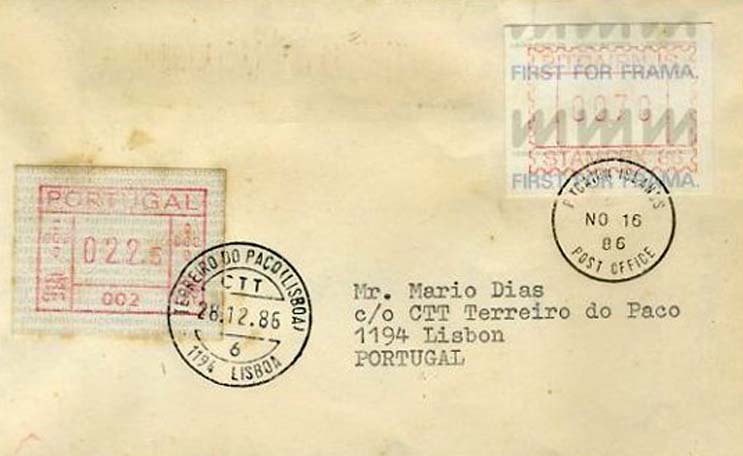 23Lis_0179.jpg -     Lote:    179            Portugal       Descrição:         1981 &mdash; Correios e Telecomunicações de Portugal. Máquina Frama. ETQ1. Sobrescrito circulado de Pitcairn Island (16.11.86) com etiqueta de 007.0 comemorativa da Stampex 86, para a posta restante do Terreiro do Paço (28.12.86). Pagou este serviço com etiqueta de 022.5 (máquina 002).        Carta       Valor Base:     &euro; 14,00     Valor Venda:     &euro; 18,00     