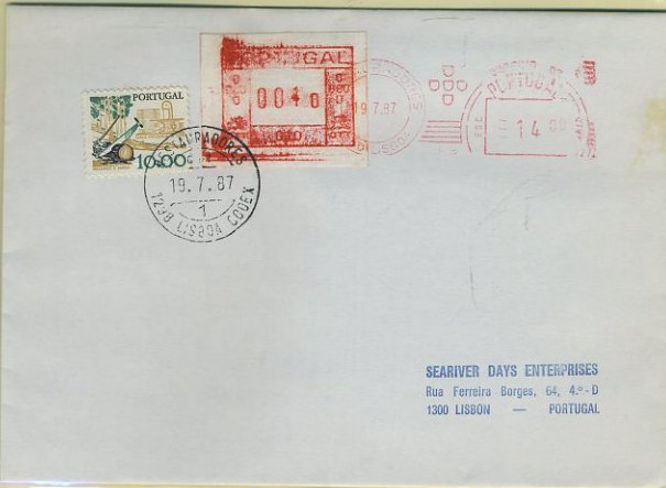 23Lis_0180.jpg -     Lote:    180            Portugal       Descrição:         1981 &mdash; Correios e Telecomunicações de Portugal. Máquina Frama. ETQ1. Sobrescrito circulado em Lisboa * Restauradores (19.07.87) com franquia mecânica de 14$00 + selo de 10$00 CE1371 e etiqueta de 001.0 (maquina 010), impressa do lado da goma.        Carta       Valor Base:     &euro; 18,00     Valor Venda:     Retirado     