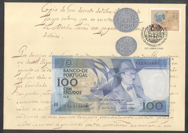 23Lis_0181.jpg -     Lote:    181            Portugal       Descrição:         1987 &mdash; 300 Anos da emissão do Papel-Moeda em Portugal. CE1813. Sobrescrito do 1.º dia de circulação, com nota de 100$00 de Fernando Pessoa (FIL011433). B e R.        FDC       Valor Base:     &euro; 30,00     Valor Venda:     Retirado     