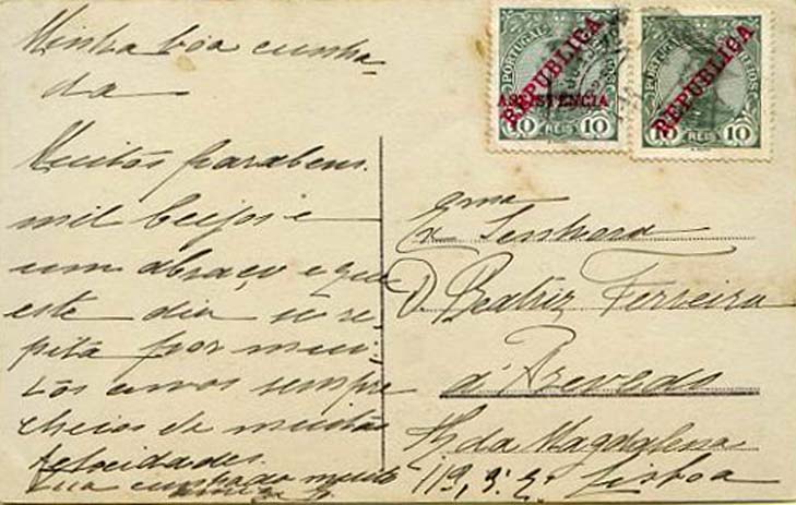 23Lis_0182.jpg -     Lote:    182            Portugal       Descrição:         1910 &mdash; D. Manuel II com sobrecarga REPUBLICA e ASSISTÊNCIA &mdash; Imposto Postal. Postal ilustrado circulado em Lisboa (02.01.1912) com selo de 10 reis verde, CE172 + selo do Imposto Postal de 10 reis verde CE IPT1.        PI       Valor Base:     &euro; 5,00     Valor Venda:     &euro; 5,00     