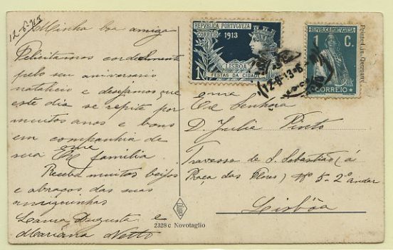 23Lis_0183.jpg -     Lote:    183            Portugal       Descrição:         1913 &mdash; Imposto Postal. Festas da Cidade de Lisboa + Ceres. Postal ilustrado circulado em Lisboa (12.06.13) com selo Ceres de 1c verde CE208 e selo do imposto de 1c verde escuro CE IPT5.        PI       Valor Base:     &euro; 20,00     Valor Venda:     Retirado     