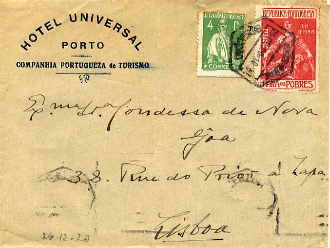 23Lis_0184.jpg -     Lote:    184            Portugal       Descrição:         1917/1920 &mdash; Ceres, novas taxas e cores + Imposto Postal "Para os Pobres". Sobrescrito circulado do Porto (26.12.1920) para Lisboa (27.12.20) com selo Ceres de 4c verde, denteado 15x14, papel cartolina, CE226 + selo do Imposto Postal de 1c CE IPT7. B e R.        Carta       Valor Base:     &euro; 40,00     Valor Venda:     Retirado     