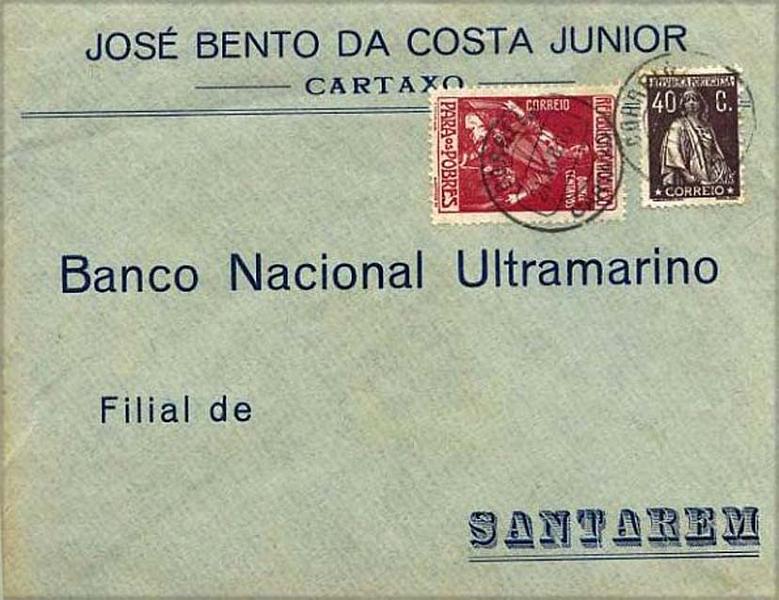 23Lis_0185.jpg -     Lote:    185            Portugal       Descrição:         1924/26 &mdash; Ceres + Imposto Postal "Para os Pobres". Sobrescrito circulado do Cartaxo (21.08.26) para Santarém (22.08.26) com selo de 40C chocolate CE283 + selo de imposto postal de 15C carmim CE IPT10.        Carta       Valor Base:     &euro; 10,00     Valor Venda:     Retirado     