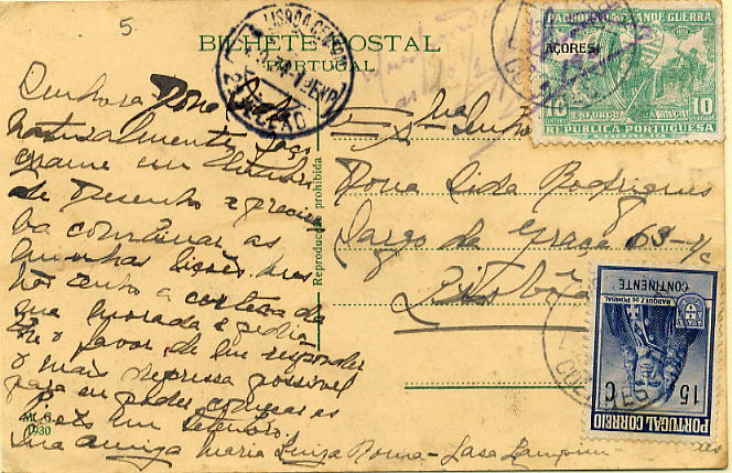 23Lis_0186.jpg -     Lote:    186            Portugal       Descrição:         1934 &mdash; Selos de Recurso. Marquês de Pombal e Padrões da Grande Guerra. Postal ilustrado circulado de Colares (03.09.34) para Lisboa (04.09.34) com selo de 15c Marquês de Pombal (Efígie) do Continente, CE IP18 + selo de 10 reis verde Padrões da Grande Guerra com sobrecarga Açores CE IP10, utilizados como selos de recurso no Continente.        PI       Valor Base:     &euro; 10,00     Valor Venda:     Retirado     