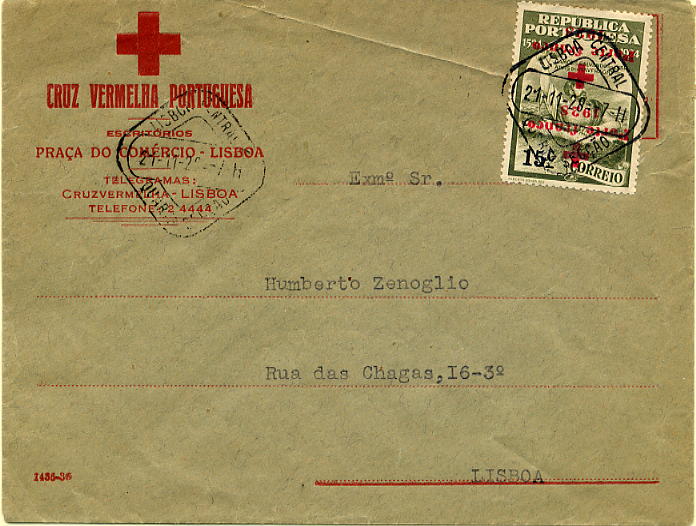 23Lis_0187.jpg -     Lote:    187            Portugal       Descrição:         1928 &mdash; Privativos. Cruz Vermelha Portuguesa. Selos do 4.º Centenário do Nascimento de Luís de Camões sobrecarregados. CE CVP11, 15c verde oliva circulado em postal sobrescrito em Lisboa (21.11.28). Selo com dupla sobrecarga. MB e R.        Carta       Valor Base:     &euro; 75,00     Valor Venda:     Retirado     