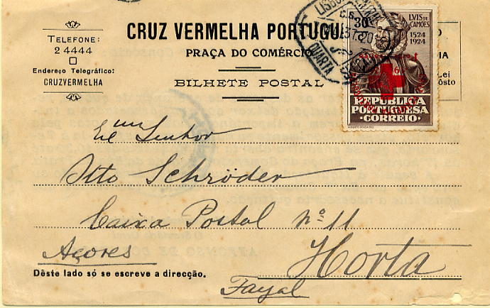 23Lis_0189.jpg -     Lote:    189            Portugal       Descrição:         1936 &mdash; Privativos. Cruz Vermelha Portuguesa. Selos do 4.º Centenário do Nascimento de Luís de Camões sobrecarregados. CE CVP67, 30c castanho circulado em postal ilustrado de Lisboa (07.05.1937) para a Horta. Selo com a sobrecarga invertida. MB e R.        PI       Valor Base:     &euro; 75,00     Valor Venda:     Retirado     