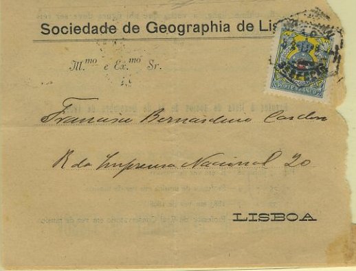 23Lis_0190.jpg -     Lote:    190            Portugal       Descrição:         1903/1909 &mdash; Porte Franco. Sociedade de Geografia de Lisboa. Emblema da Sociedade, com Coroa Real. Circular circulada em Lisboa (16.02.1910) com selo CE SGL2, vermelho, azul e verde s/ amarelo. Documento com defeitos.        Carta       Valor Base:     &euro; 15,00     Valor Venda:     Retirado     