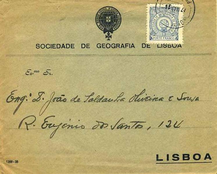 23Lis_0191.jpg -     Lote:    191            Portugal       Descrição:         1936 &mdash; Sociedade de Geografia de Lisboa. Emblema da Sociedade, com Cruz de Cristo. CE SGL18, azul em sobrescrito circulado do Porto (17.03.36) para Lisboa.        Carta       Valor Base:     &euro; 50,00     Valor Venda:     &euro; 110,00     