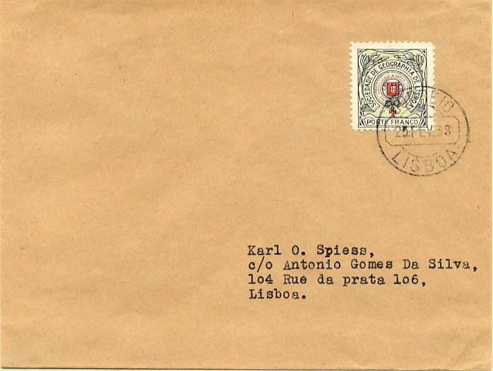 23Lis_0192.jpg -     Lote:    192            Portugal       Descrição:         1937/38 &mdash; Privativos * Sociedade de Geografia de Lisboa. Emblema da Sociedade com Cruz de Cristo. Sobrescrito circulado em Lisboa (25.02.38) com selo de porte franco vermelho e verde claro CE SGL22. B e R.        Carta       Valor Base:     &euro; 40,00     Valor Venda:     &euro; 95,00     
