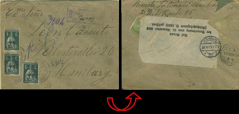 23Lis_0193.jpg -     Lote:    193            Açores e Madeira       Descrição:         1912/21 &mdash; Ceres. Selos do Continente com sobrecarga "AÇORES". Sobrescrito circulado registado de Ponta Delgada (03.11.19) para a Alemanha (25.11.19) com trânsito por Lisboa (11.11.19), com selos de 2 x 1c verde escuro CE151, 2 x 1 &frac12; c verde escuro CE165 e &frac12; c preto CE150 e 4c verde CE169. No verso etiqueta alemã alegando a abertura da carta nos termos da lei 1324 de 15.11.1918.        Carta       Valor Base:     &euro; 18,00     Valor Venda:     &euro; 18,00     