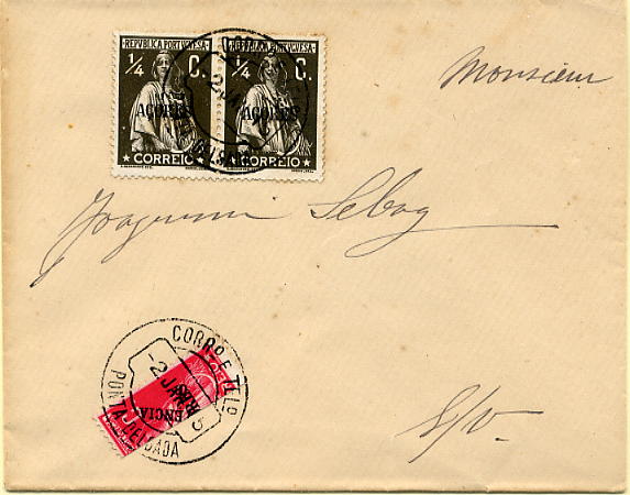 23Lis_0194.jpg -     Lote:    194            Açores e Madeira       Descrição:         1912 &mdash; Imposto Postal e Telegráfico * Tipo Ceres com sobrecarga AÇORES, com sobrecarga ASSISTÊNCIA e AÇORES. Selos de recurso. Sobrescrito circulado aberto com impressos em Ponta Delgada (02.01.1915) com par de selos de &frac14; c tipo Ceres papel de porcelana, denteado 15x14 CE149 e selo de 2c do imposto postal bissectado CE IPT4. MB e R.        Carta       Valor Base:     &euro; 25,00     Valor Venda:     &euro; 25,00     