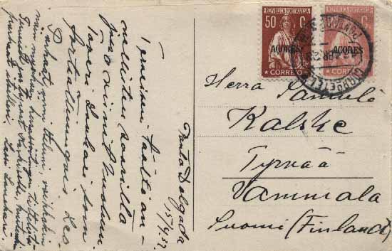23Lis_0195.jpg -     Lote:    195            Açores e Madeira       Descrição:         1923/31 &mdash; Ceres. Postal ilustrado circulado de Ponta Delgada (16.04.28 &mdash; Erro de datador, em vez de 16.04.32), para a Finlândia, com selos de 25c rosa CE195 e 50c tijolo-vermelho CE305.        PI       Valor Base:     &euro; 10,00     Valor Venda:     &euro; 10,00     