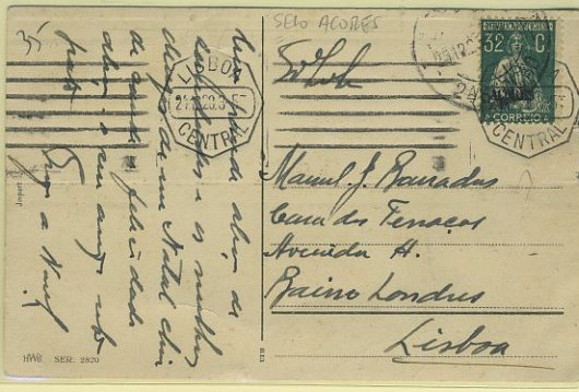 23Lis_0196.jpg -     Lote:    196            Açores e Madeira       Descrição:         1924/26 &mdash; Ceres. Selos do Continente com sobrecarga "AÇORES". Postal ilustrado circulado em Lisboa (24.12.28) com selo de 32C verde escuro CE204. Interessante utilização de um selo dos Açores no Continente.        PI       Valor Base:     &euro; 10,00     Valor Venda:     Retirado     