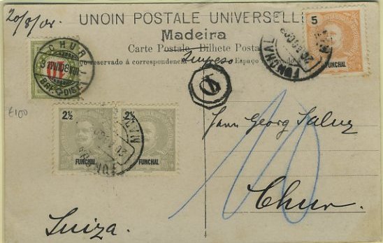 23Lis_0197.jpg -     Lote:    197            Açores e Madeira       Descrição:         1897 &mdash; D. Carlos I tipo Mouchon. Postal ilustrado circulado do Funchal (20.08.08) para a Suíça (31.08.08), com 2 selos de 2 &frac12; reis e 5 reis CE13/14. Franquiado como impresso, não foi aceite como tal mas sim como bilhete postal, tendo sido porteado com 10c.        PI       Valor Base:     &euro; 75,00     Valor Venda:     Retirado     