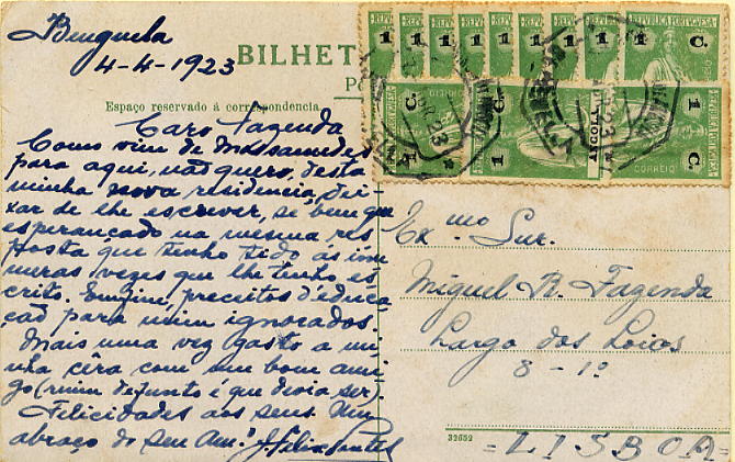 23Lis_0199.jpg -     Lote:    199            Angola       Descrição:         1914 &mdash; Ceres. Postal ilustrado circulado de Benguela (04.04.1923) para Lisboa, com 10 selos de 1c verde claro, papel lido, denteado 15x14. Interessante exemplar do período inflacionário em Angola onde foi notória a falta de selos de franquias elevadas que acompanhassem a inflação galopante da época.        PI       Valor Base:     &euro; 10,00     Valor Venda:     &euro; 14,00     