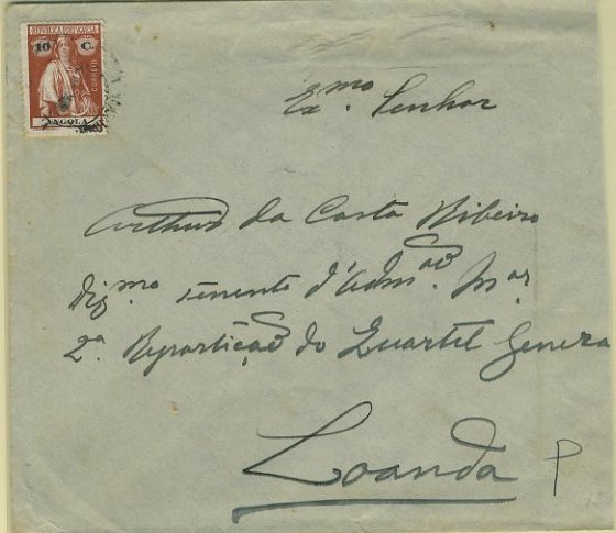 23Lis_0200.jpg -     Lote:    200            Angola       Descrição:         1913 &mdash; Ceres. Sobrescrito circulado internamente para Luanda pela Ambulância descendente do C. F. de Luanda n.º 1, com selo de 10c tijolo, denteado 15x14, papel porcelana.        Carta       Valor Base:     &euro; 15,00     Valor Venda:     Retirado     