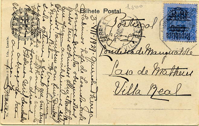 23Lis_0202.jpg -     Lote:    202            Angola       Descrição:         1925 &mdash; D. Carlos I, com sobrecarga REPUBLICA e nova sobretaxa. CE223, 40c s/ 400 s/ 200 reis, azul s/ azul, denteado 13 &frac12;, circulado em postal ilustrado de Luanda (03.07.29) para Vila Real (02.08.29). Na frente selo da Assistência de $50 CE IP4.        PI       Valor Base:     &euro; 6,00     Valor Venda:     &euro; 12,00     