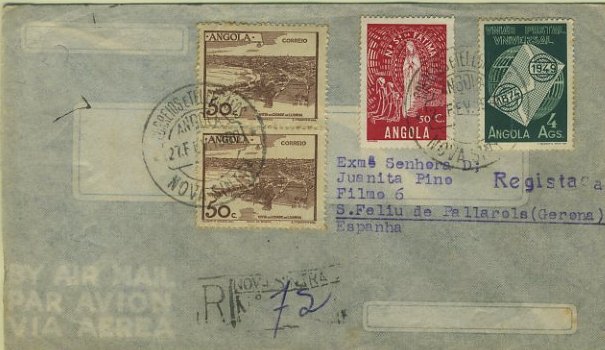 23Lis_0203.jpg -     Lote:    203            Angola       Descrição:         1950 &mdash; Vistas de Angola + N. S.ª de Fátima + 75.º Aniversário da UPU. Sobrescrito circulado registado de Nova Sintra (27.02.50) para Espanha (10.03.50) com trânsito por Lisboa (07.03.50) com 2xCE313 + CE303 + CE320. Carimbo de registo batido a preto. No verso vinheta "Rosas de Santa Isabel" de $50. MB.        Carta       Valor Base:     &euro; 12,00     Valor Venda:     &euro; 22,00     