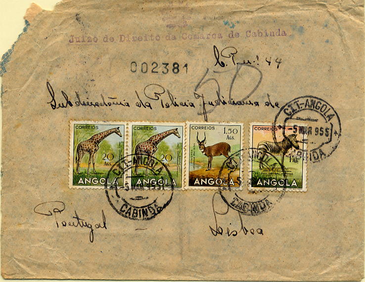 23Lis_0204.jpg -     Lote:    204            Angola       Descrição:         1953 &mdash; Animais de Angola. Sobrescrito circulado registado de Cabinda (05.03.1955) para Lisboa (11.03.1955) com selos de 1, 1,50 e 2 x 20 Ags. MR.        Carta       Valor Base:     &euro; 15,00     Valor Venda:     &euro; 32,00     