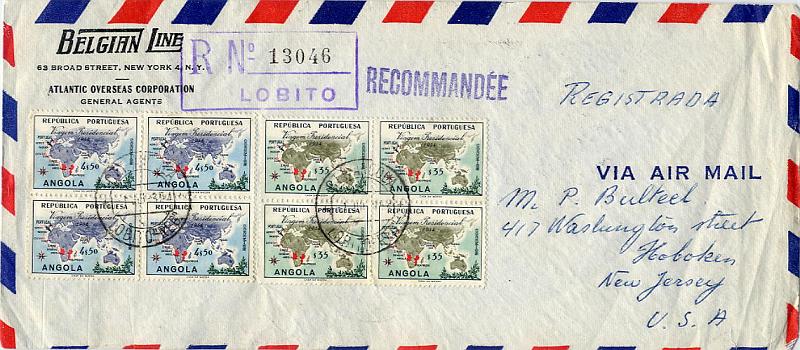 23Lis_0205.jpg -     Lote:    205            Angola       Descrição:         1954 &mdash; Viagem Presidencial. CE 377/378. Sobrescrito circulado registado por via aérea do Lobito (01.07.54) para os EUA (10.04.54) com trânsito por Luanda (02.07.54) com a série em quadras. MB.        Carta       Valor Base:     &euro; 15,00     Valor Venda:     Retirado     