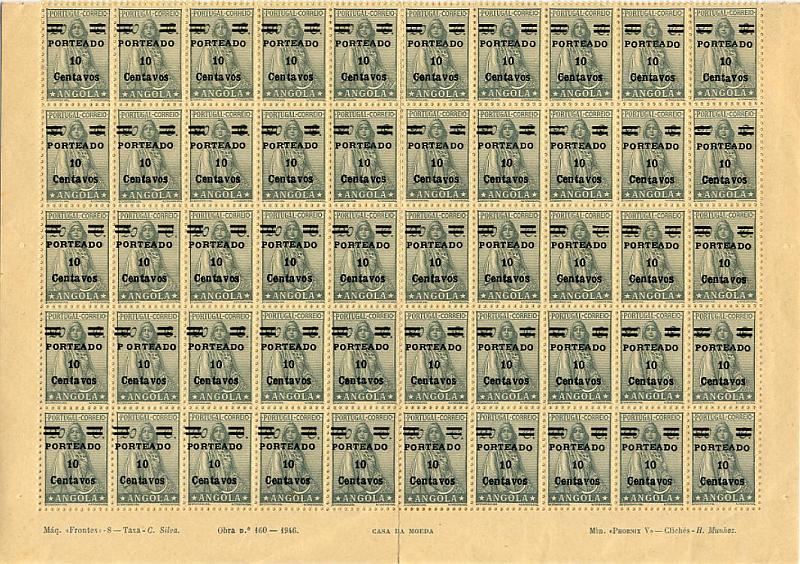 23Lis_0206.jpg -     Lote:    206            Angola       Descrição:         1949 &mdash; Porteado. Ceres, novo tipo, com sobretaxa. CE POR 31, 10 s/ 20C cinzento azul. Folha completa de 100 selos. Um dos selos com variedade P ORTEADO e outro com "S" invertido. Interessante para estudo de variedades da sobrecarga. Valor de catálogo &euro; 85,00.        ***       Valor Base:     &euro; 16,00     Valor Venda:     &euro; 42,00     