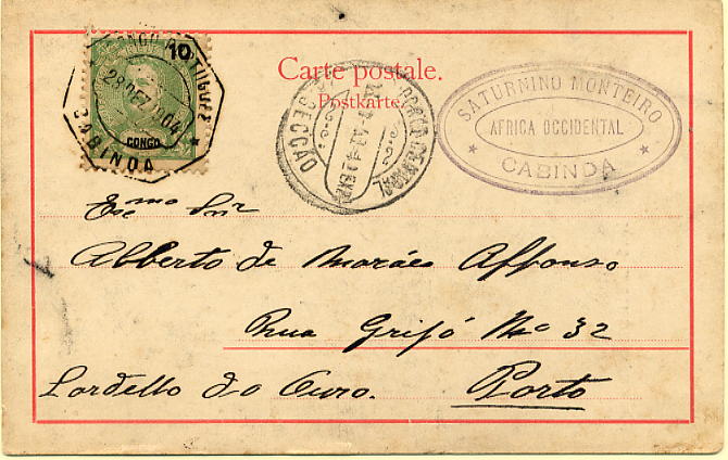 23Lis_0207.jpg -     Lote:    207            Congo       Descrição:         1898/1901 &mdash; D. Carlos I tipo Mouchon. Postal ilustrado circulado de Cabinda (28.12.1904) para o Porto (23.01.1905) com selo de 10 reis verde amarelo CE16. Postal transportado pelo Paquete Cabo Verde.        PI       Valor Base:     &euro; 10,00     Valor Venda:     Retirado     